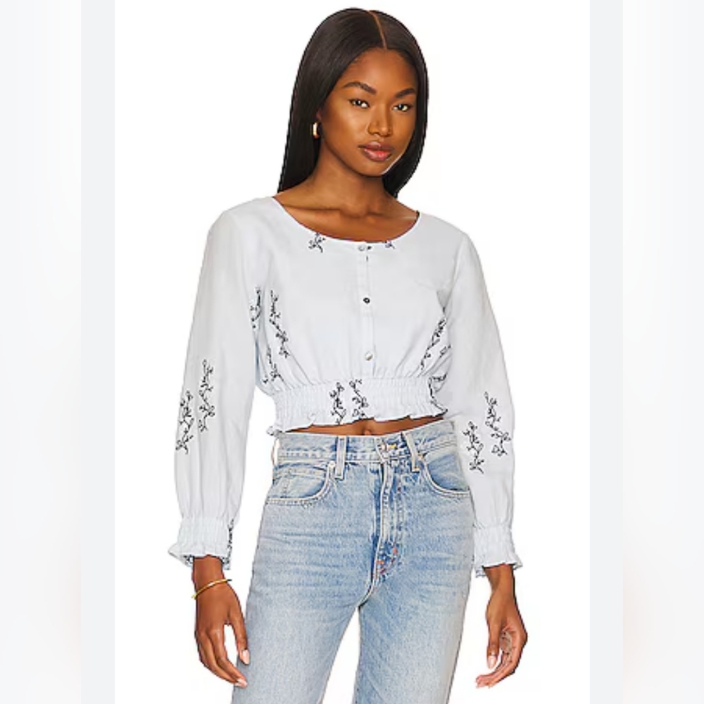 Something Navy Embroidered Light Blue Women's Top Blouse Button Front Crop‎